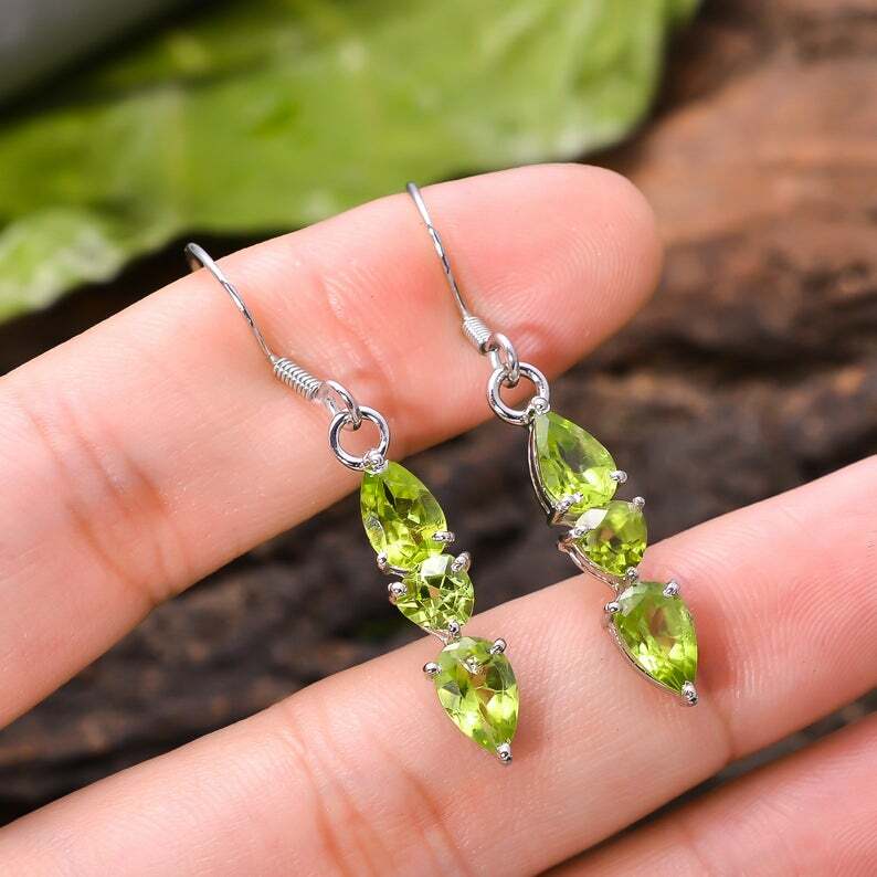 92.5 Sterling Silver 1.7″ Long Dangle 3.3 Gram Silver Earring Natural Peridot