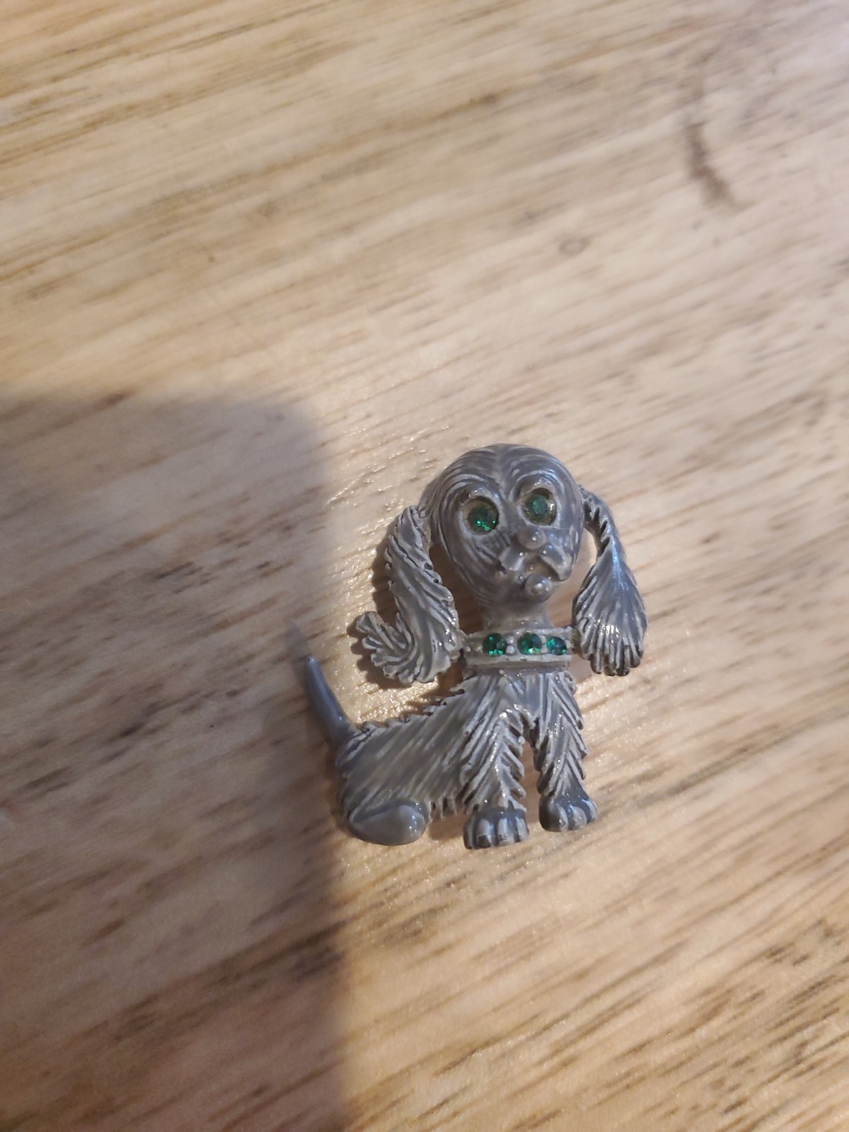 Signed Gerry’s Gray Enamel Green Rhinestone Metal Dog Brooch Vintage