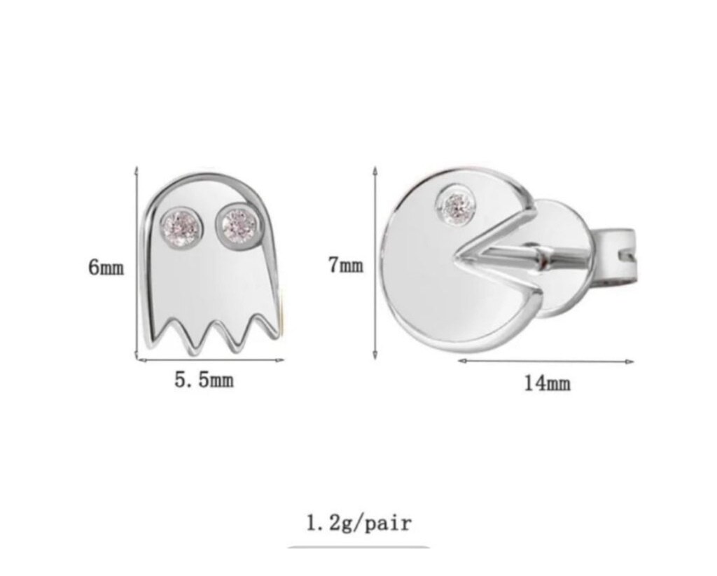 NEW Unisex Mismatch 14k Gold Accent Diamond PAC-Man and Ghost Stud Earrings