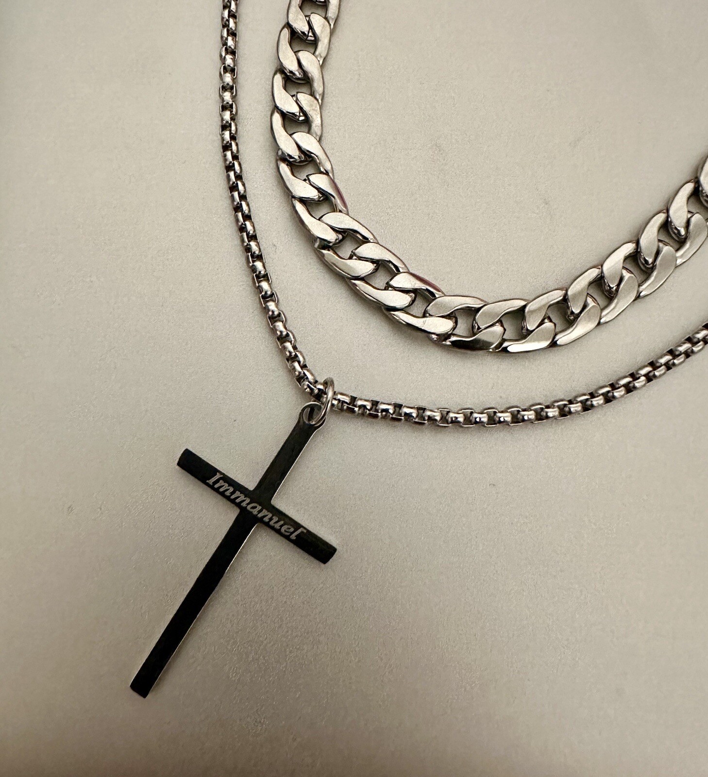Men Double Layer Cross Pendant Necklace Stainless Steel Hip Hop Gothic Unisex