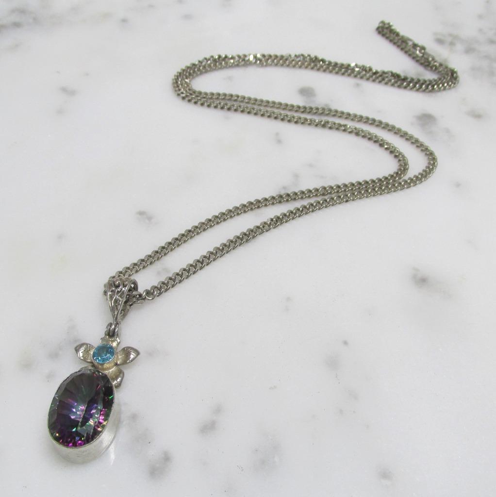 Sterling Silver Mystic Topaz Pendant w/ 29-1/2″ Sterling Chain ~ 32g ~ 1-F239