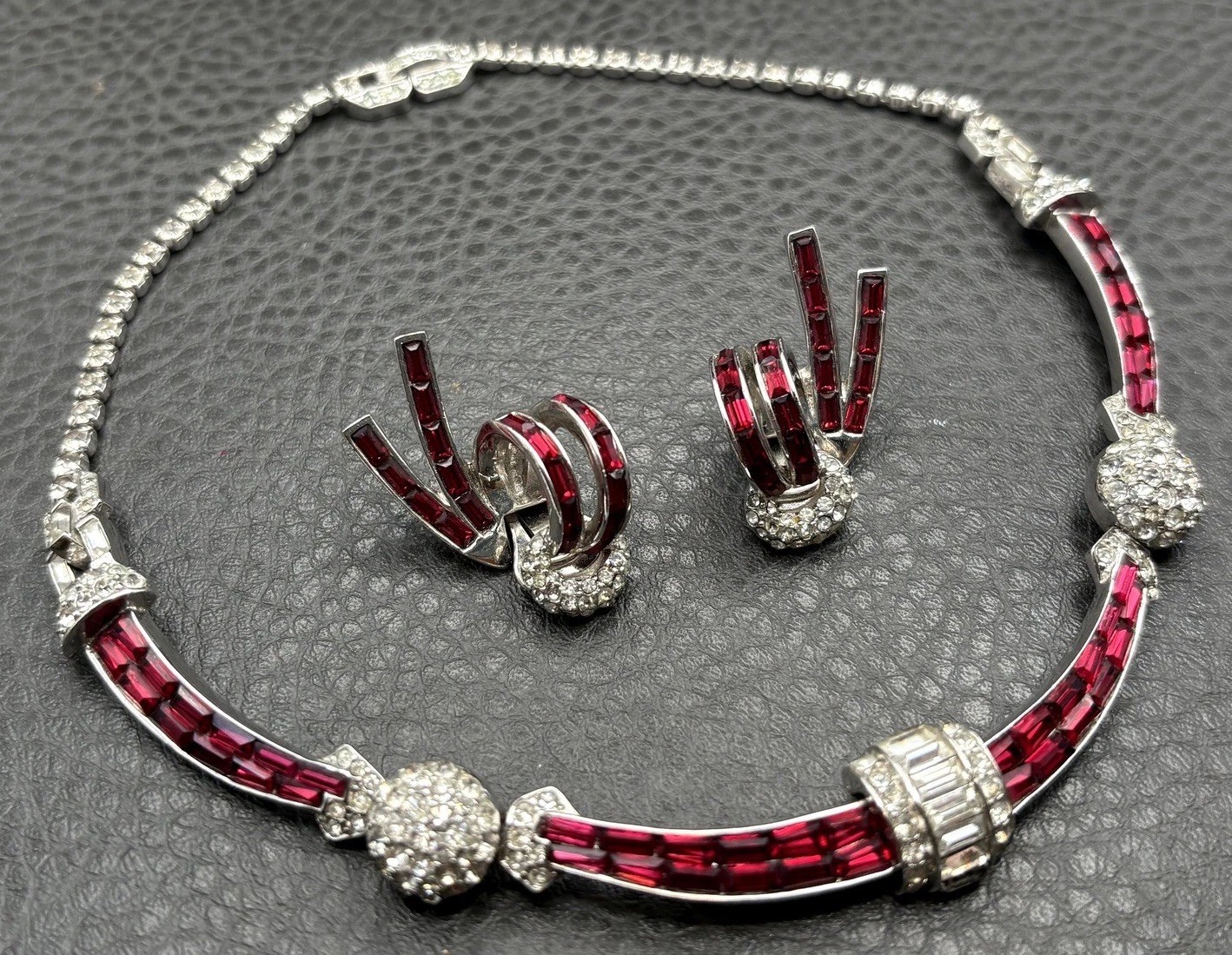 Vintage Boucher 3227 Red Baguette Rhinestone Necklace Clip On Earring Set