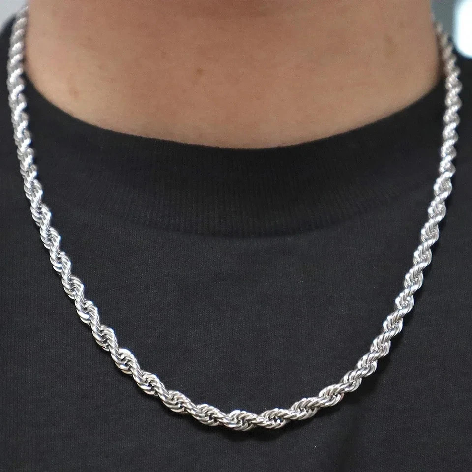 New Men’s Italian 4mm Diamond Cut Rope Chain Solid 925 Sterling Silver Necklace
