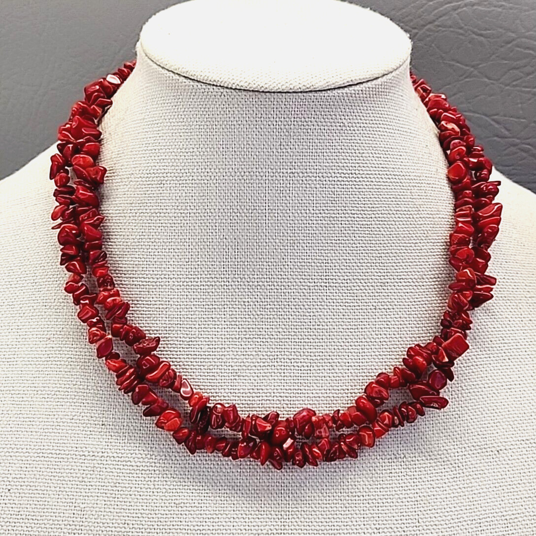 Necklace Red Dyed Coral Chip Beaded Polished Beach Sea Life 38″
