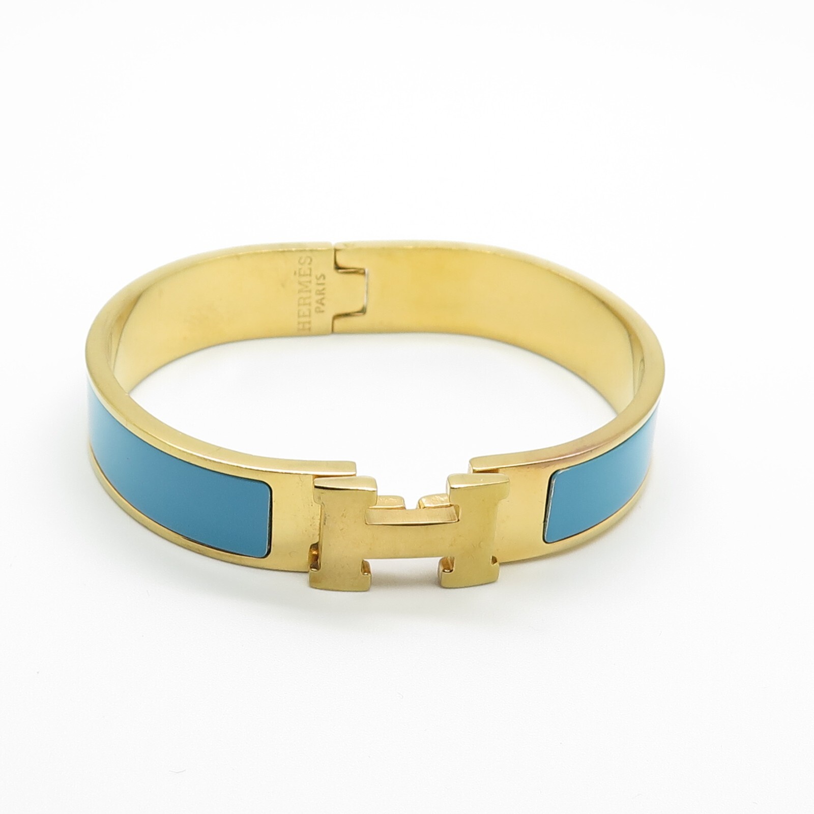 Hermes Paris Click H Logo Gold Plate Blue Enamel Bangle Bracelet