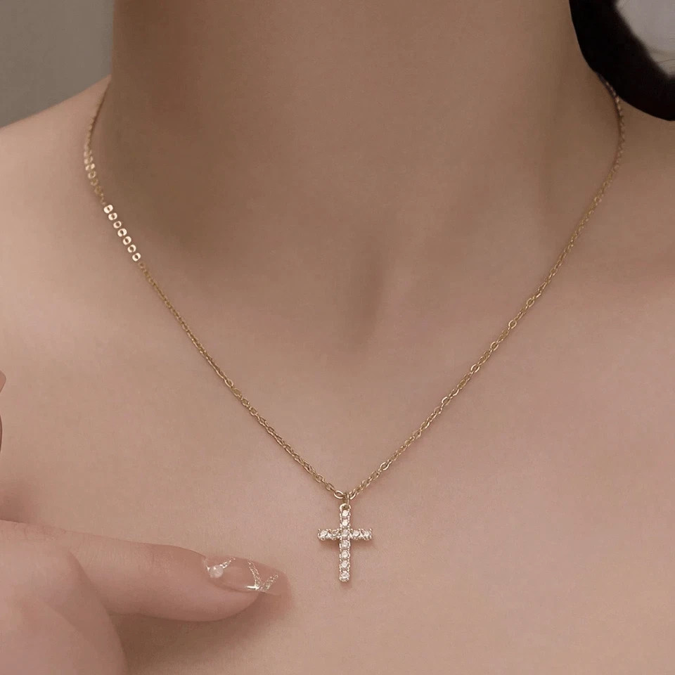 14K Rose Gold Plated 1.00Ct Lab Created Diamond Mini Cross Pendant Necklace 18”