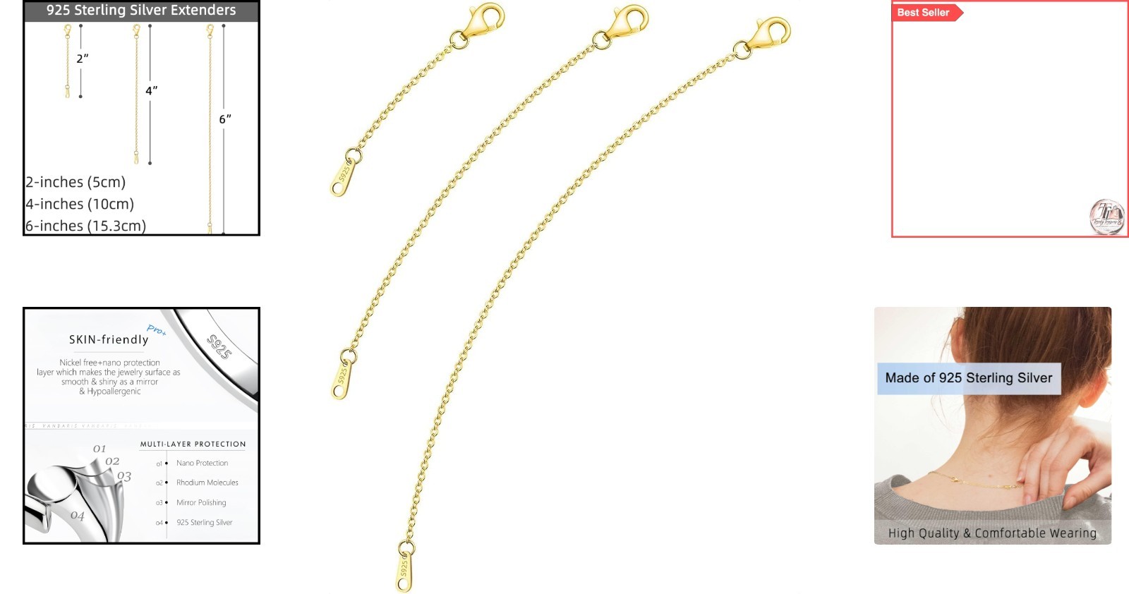 Luxury 925 Sterling Silver & Gold Necklace Extenders – 2, 4, 6 Inch Sets