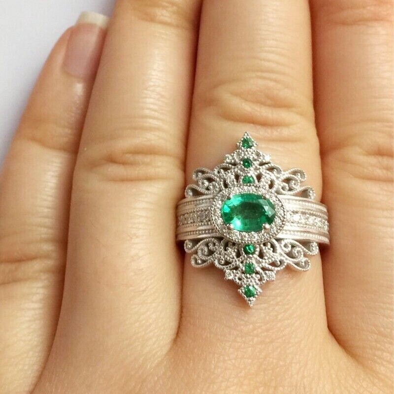 Authentic Vintage Style Wedding Ring Silver Plated 2.12 Ct Simulated Emerald