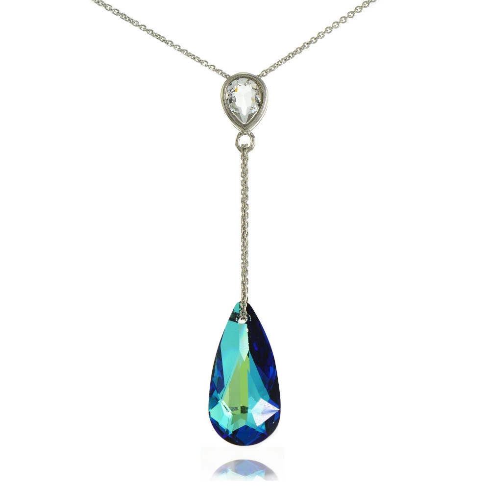 925 Silver Bermuda Blue Pear Shape Drop Necklace Adorned w/ European Crystals