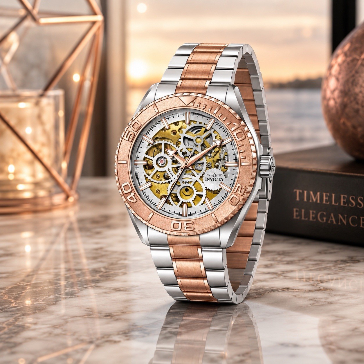 Invicta 69763 Automatic Watch w/ Skeleton Dial – 43mm, Silver, Rose Gold