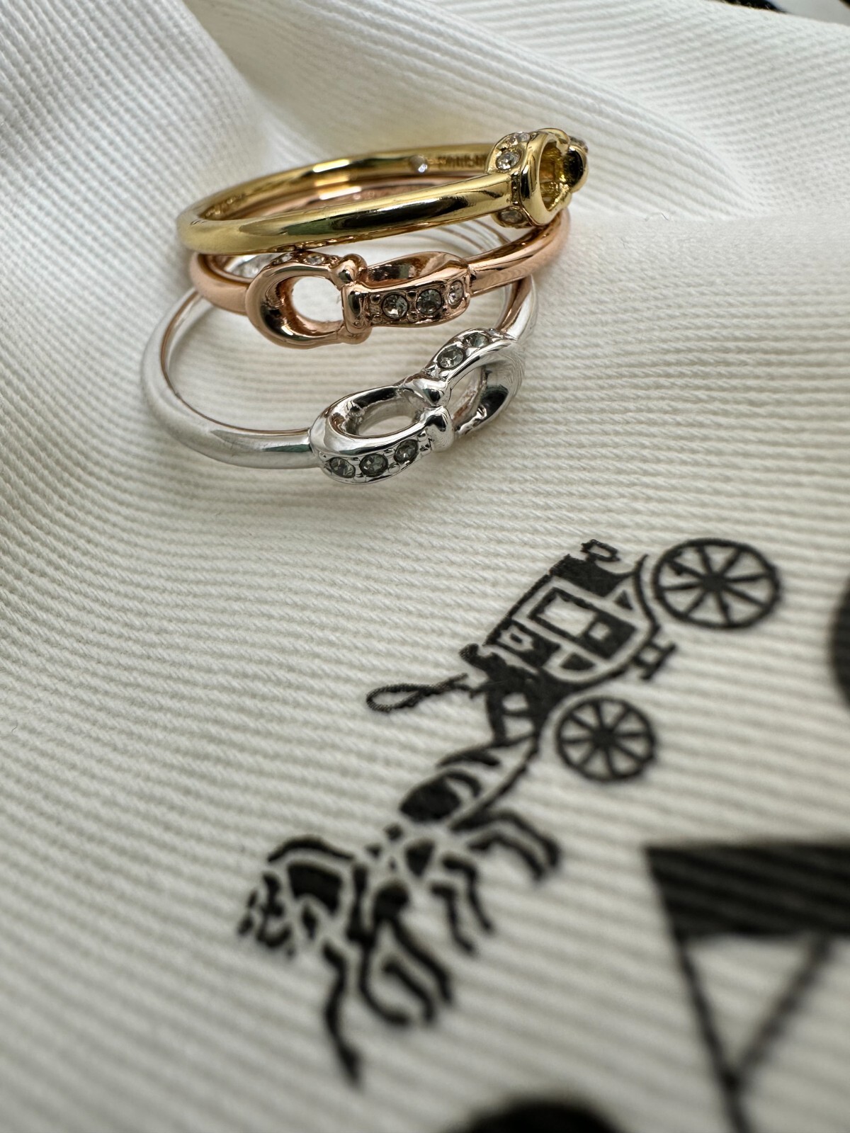 Coach Interlocking C Pavé Ring Set Size 7 Tri Tone Gold Silver Rose Gold