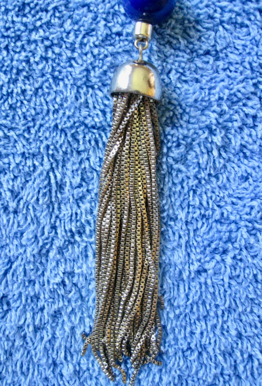 Chain & Beaded Orange & Blues Necklace “T” Logo 19″ Drop w/Metal Tassel Lobster