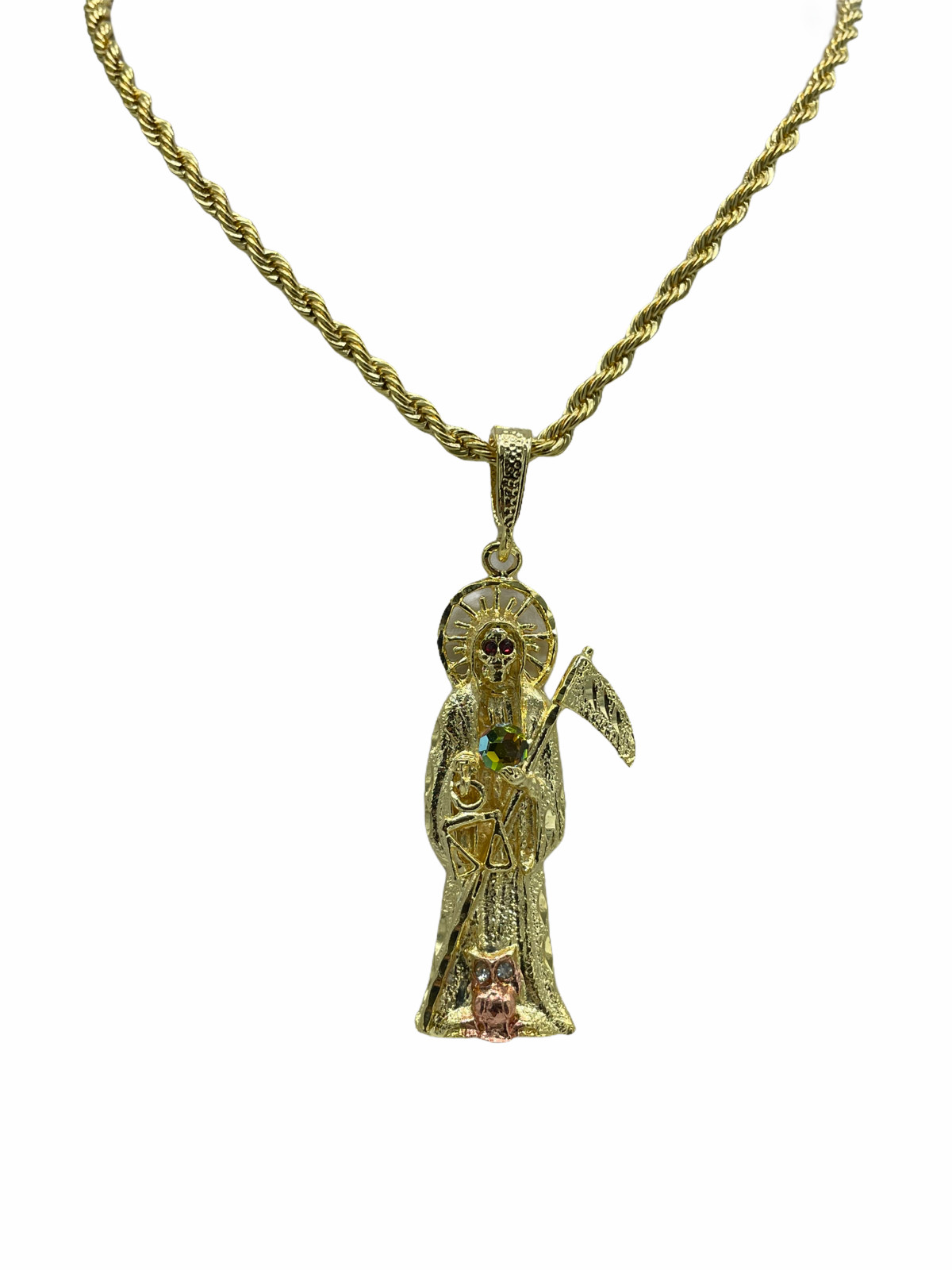 Santa Muerte Medalla con Cadena Oro Chapado Dije Torzal Santísima NUEVO