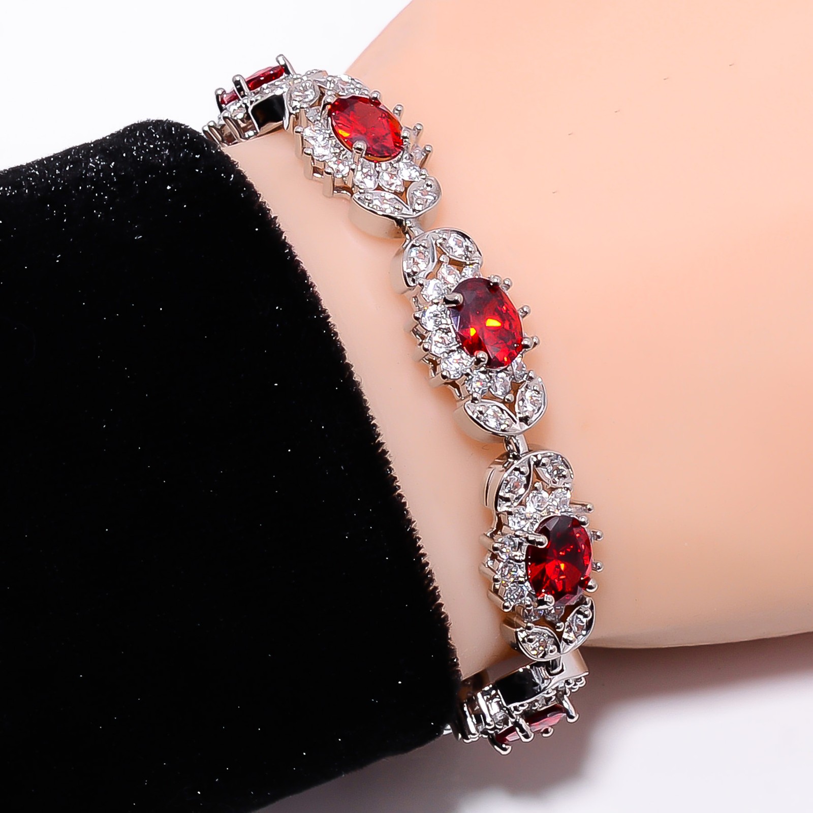Ruby – Simulated)Spinel, CZ 925 Sterling Silver Tennis Bracelet B129021