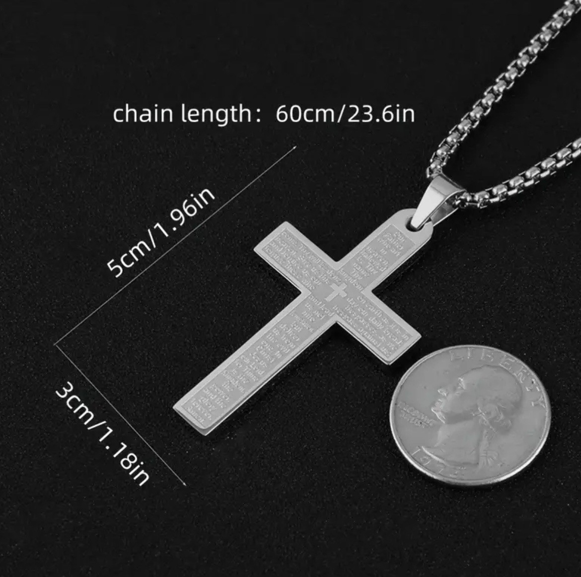 Silver Lords Prayer Cross Necklace 304L Stainless Steel Christian Bible Pendant