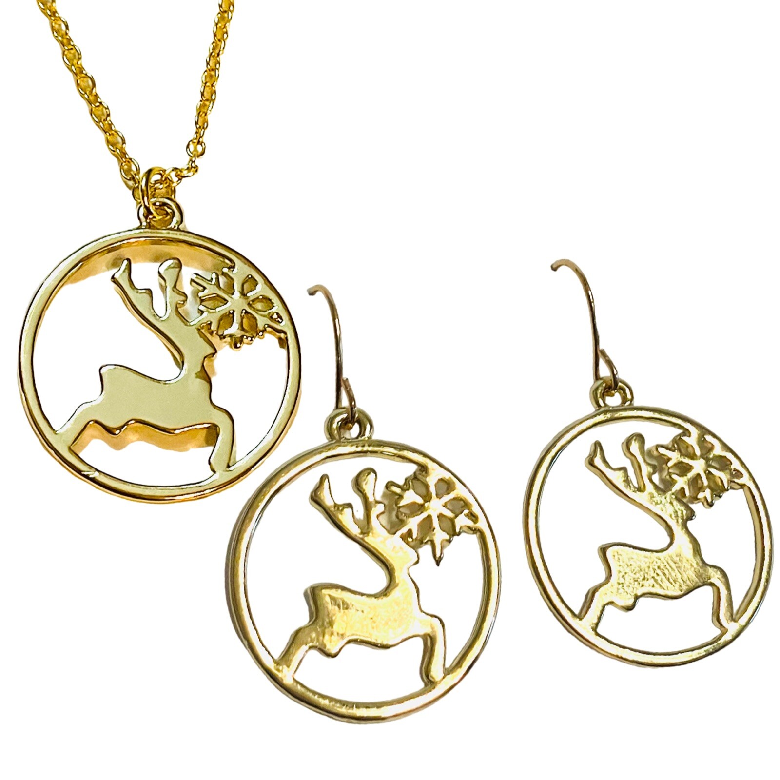 Gold Reindeer Necklace and Earrings Christmas Jewelry Gift Set