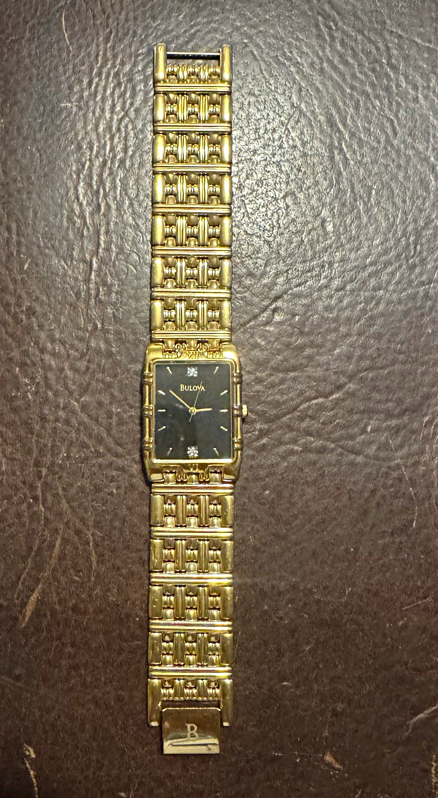 Bulova Quartz Men’s Gold Tone Rectangle Black Dial Bracelet Water-Resistant