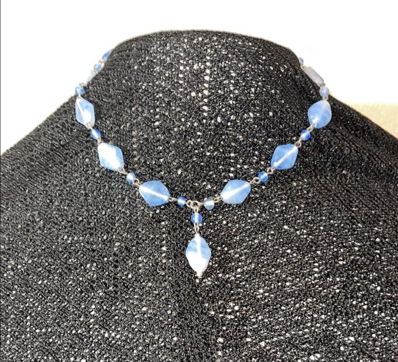 Vintage Blue Beaded choker With Hanging Stone necklace Festival Coastal Mystic