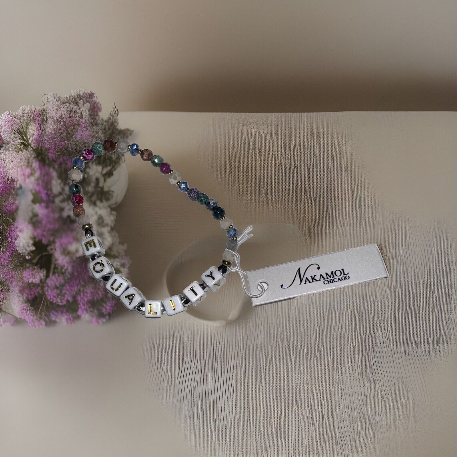New Nakamol Chicago Handmade Stretchy Bracelet ‘EQUALITY’ in Gold & White
