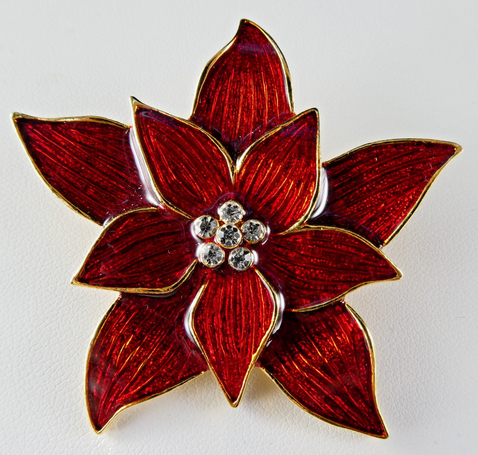 Eisenberg Ice Poinsettia Pin Brooch Bright RED Enamel Crystal Center Festive