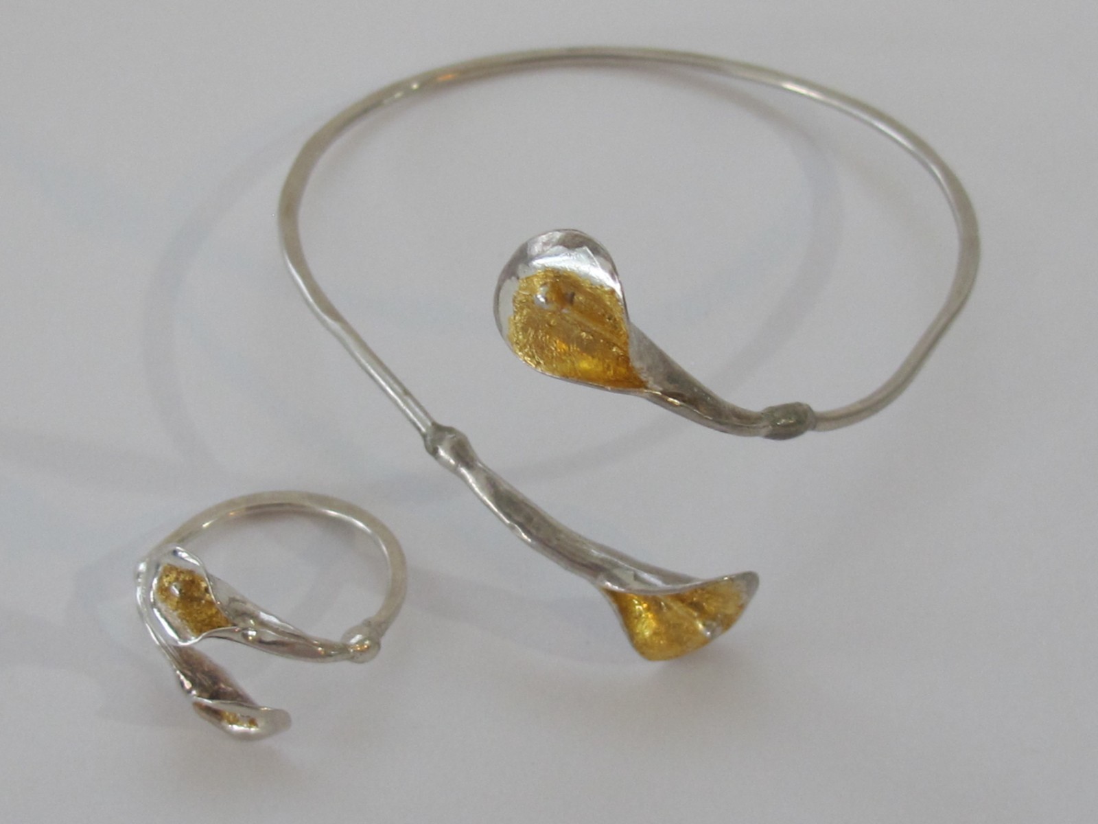 Artisan Sterling Silver 925 & Gold Flower Calla Lily Cuff Bracelet & Ring Set C3