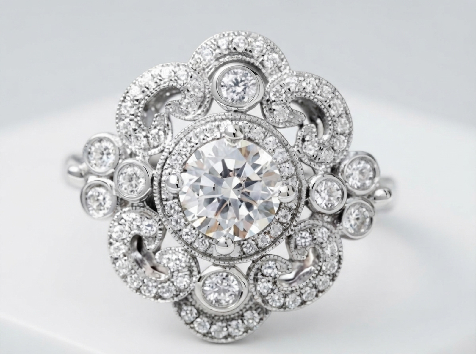 Vintage Style Round Simulated Diamond 14K Gold Milgrain Halo Floral Motif Ring