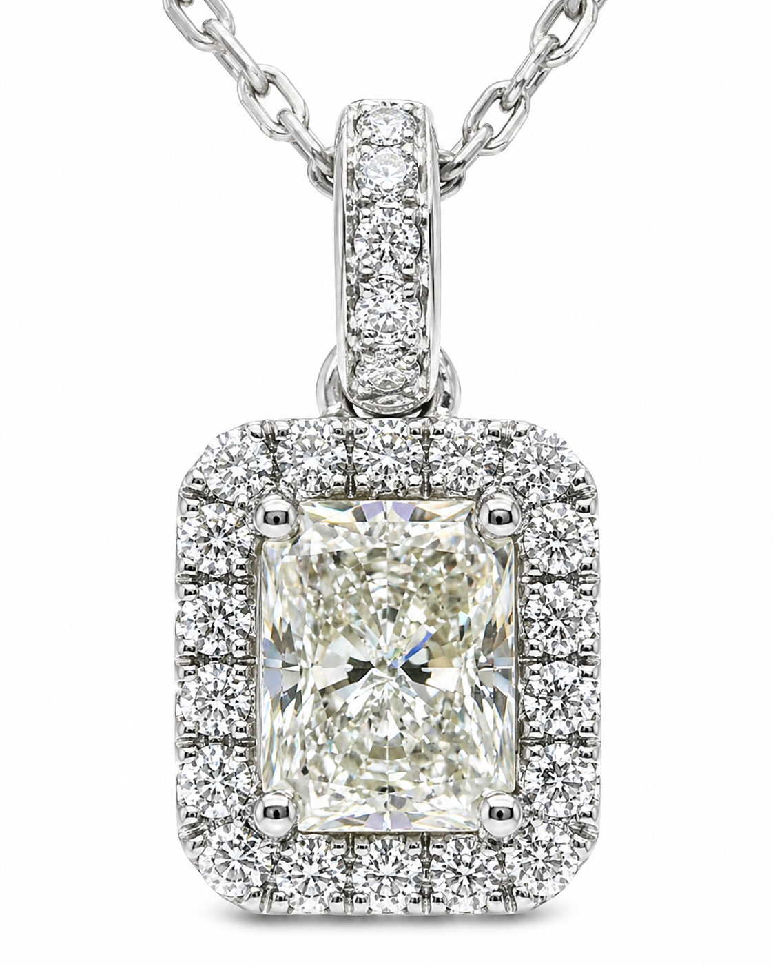 1.40ct Natural Radiant Diamond Halo Pendant Art Deco Necklace 18K White Gold