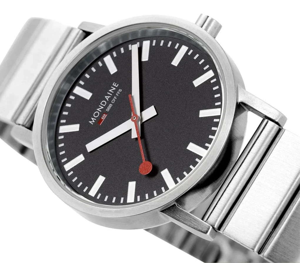 Mondaine Classic 36mm Black Dial Silver Bracelet Official Swiss Railways Watch