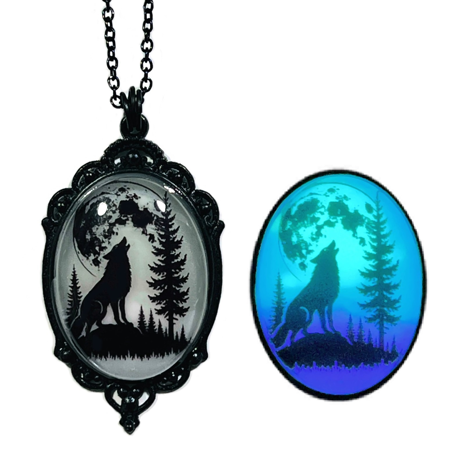 Wolf Howling at the Moon Aqua Blue Purple/Violet Glow in the Dark Necklace