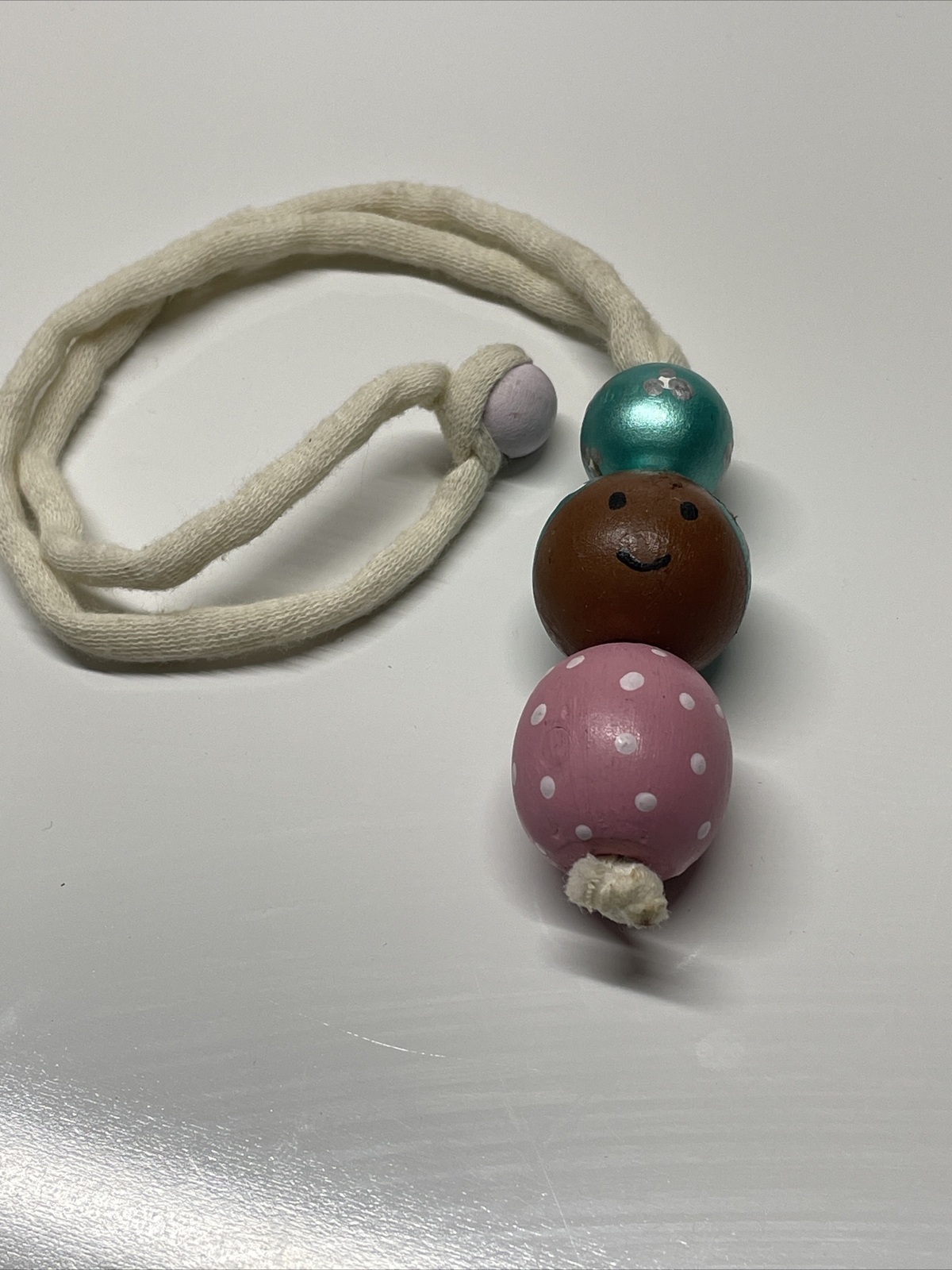 Vintage wooden handmade doll necklace hand painted Beads Pink Aqua Blue