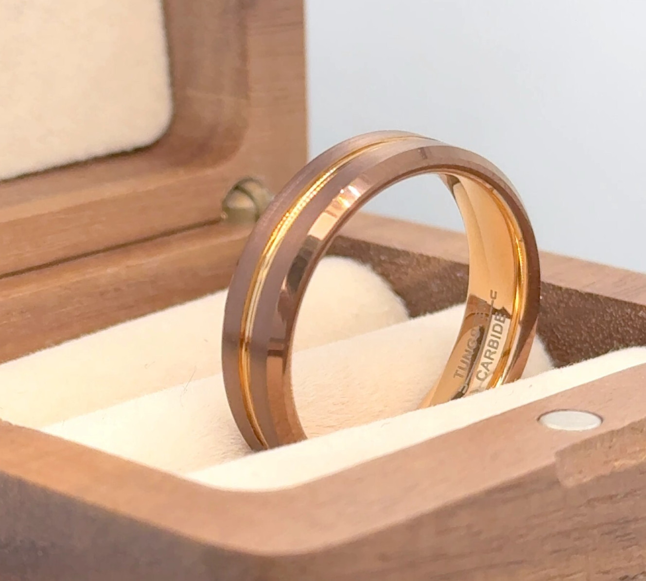 Brown & Rose Gold Tungsten Band Groove Brushed Polished Ring For Valentine Gifts