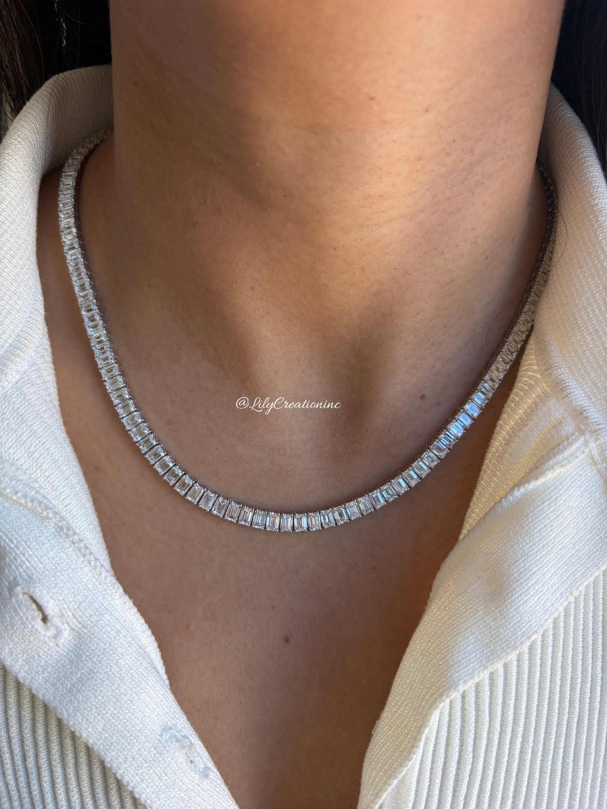 30 Ct Emerald Cut Lab Grown Diamond Tennis Necklace 15 Inch 14K White Gold