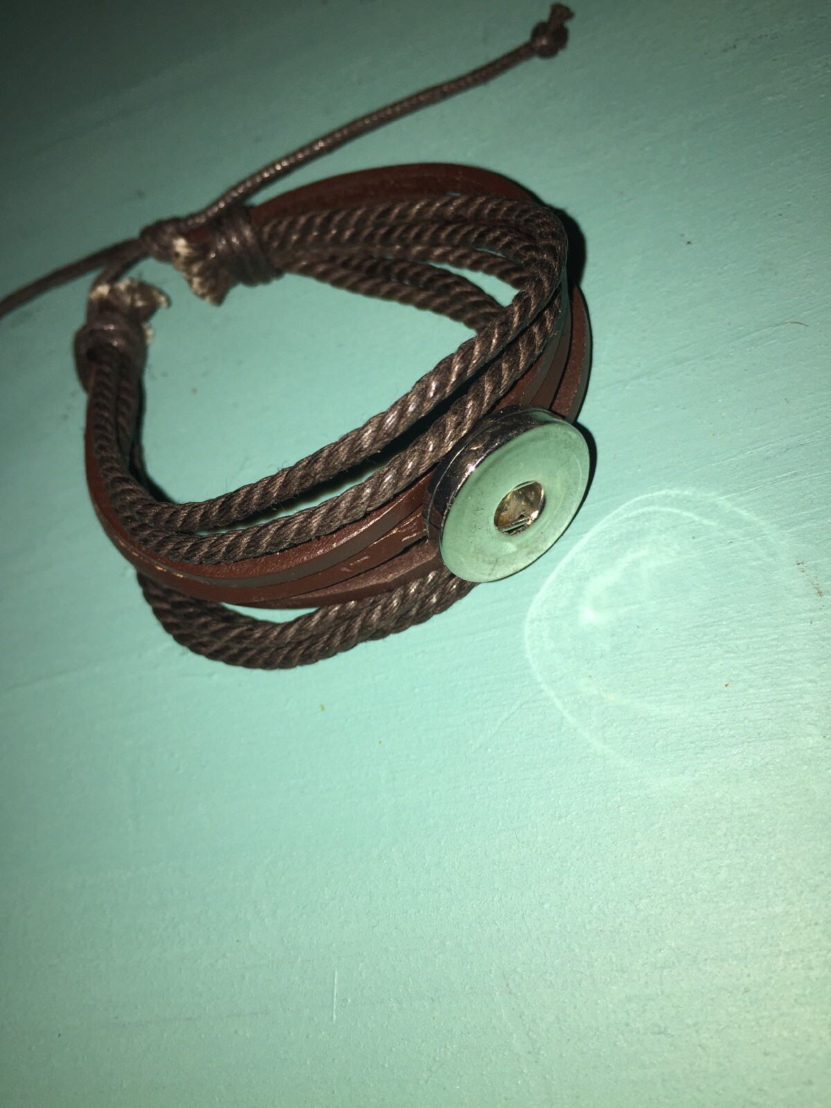 Genuine brown Leather multiple Strand tie Bracelet 18mm snap Button Jewelry