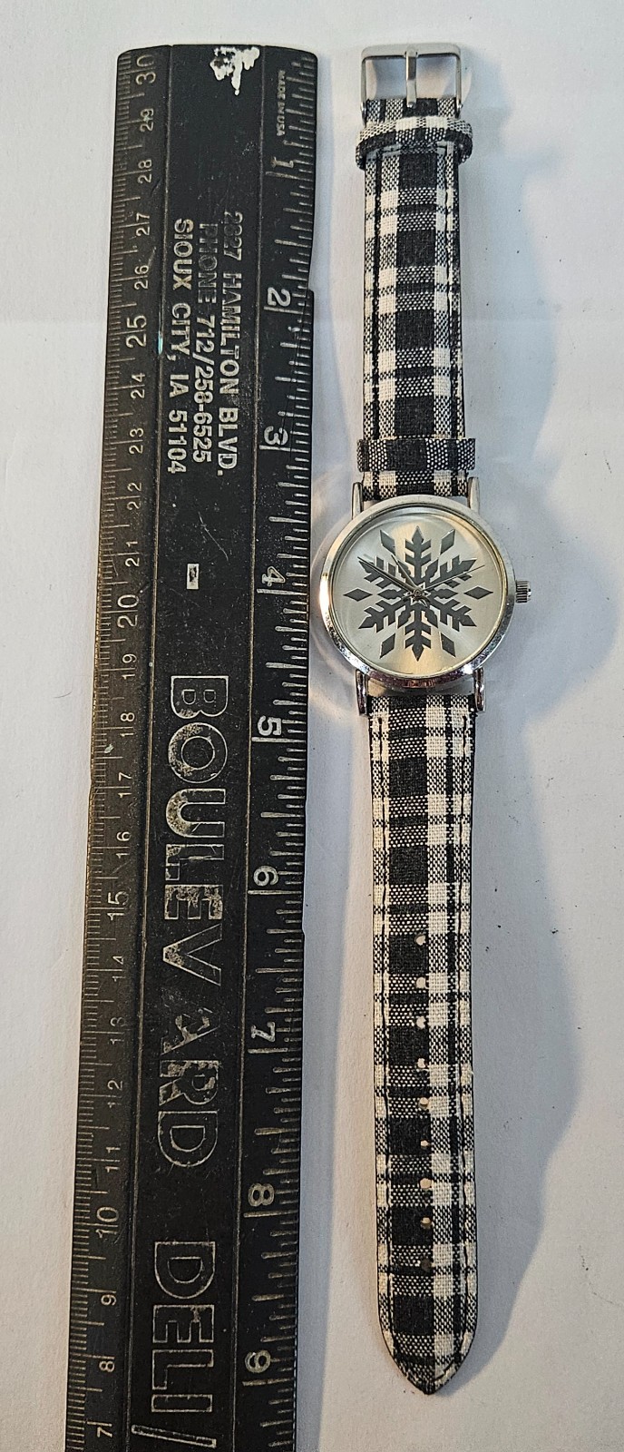 C&B SNOWFLAKE Watch V377 w Plaid Band NEEDS BATTERY