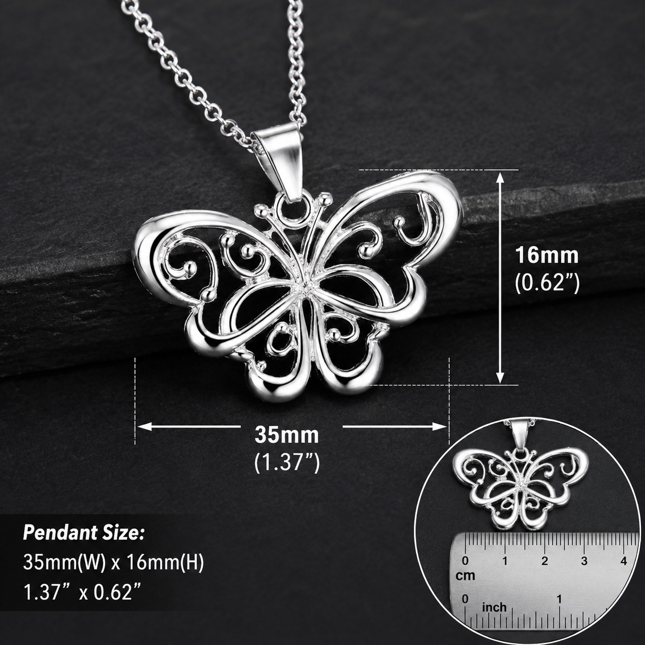 925 Stamped Silver Plated Butterfly Pendant Necklace 18″ Womens Fashion Jewelry