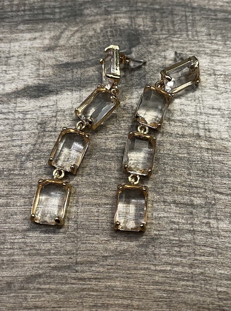 Clear Crystal Linear Drop Earrings in Gold Tone Nickel Free