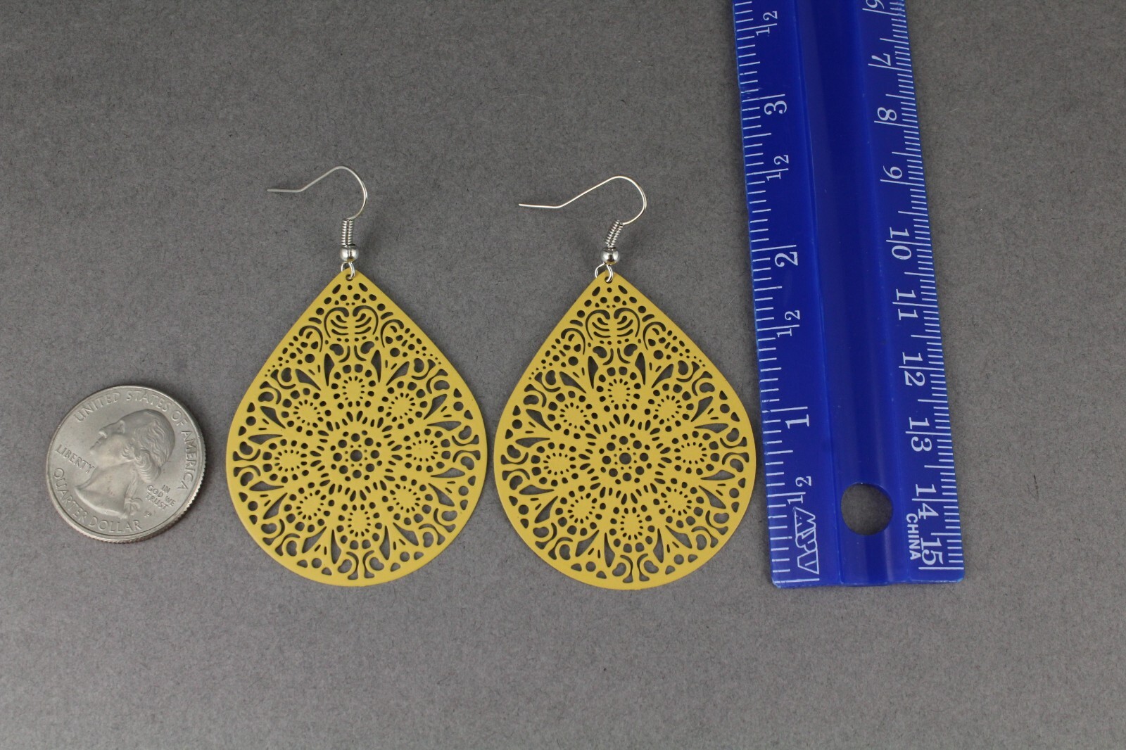 mustard yellow earrings teardrop dangle VERY lightweight oval filigree 2.5″ long