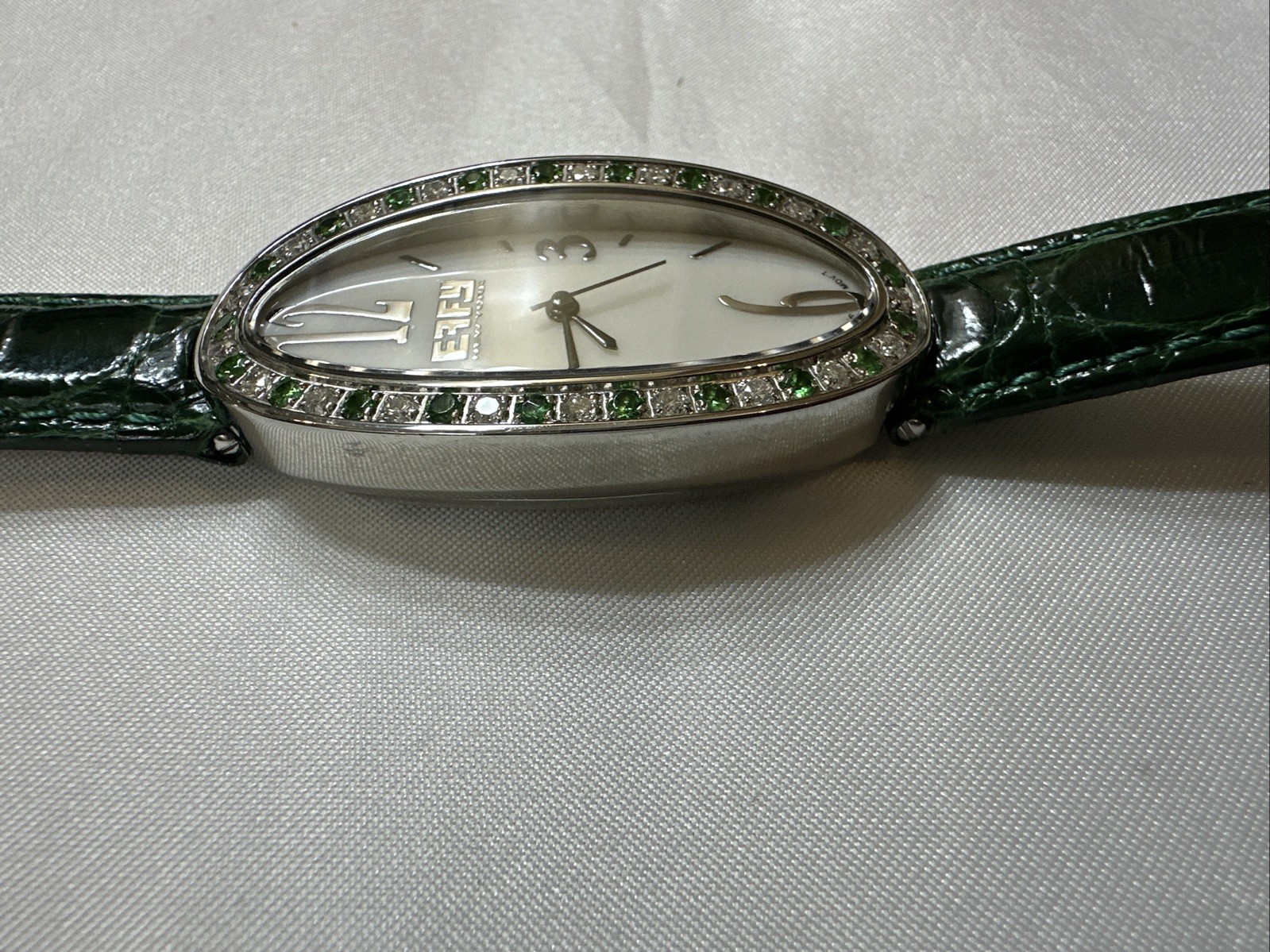 Effy Diamond & Tsavorite 1.78 Ct Swiss Quartz Ladies Watch Green Crocodile Strap