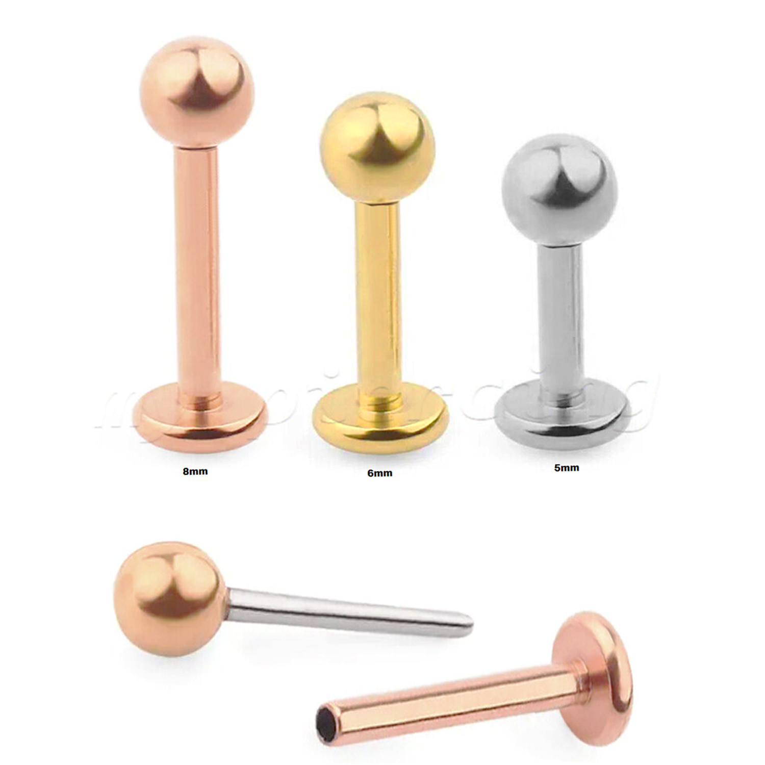 5pcs. Push In Ball PVD Steel Labret Monroe Lip Ring Helix Ear Cartilage 20G 18G