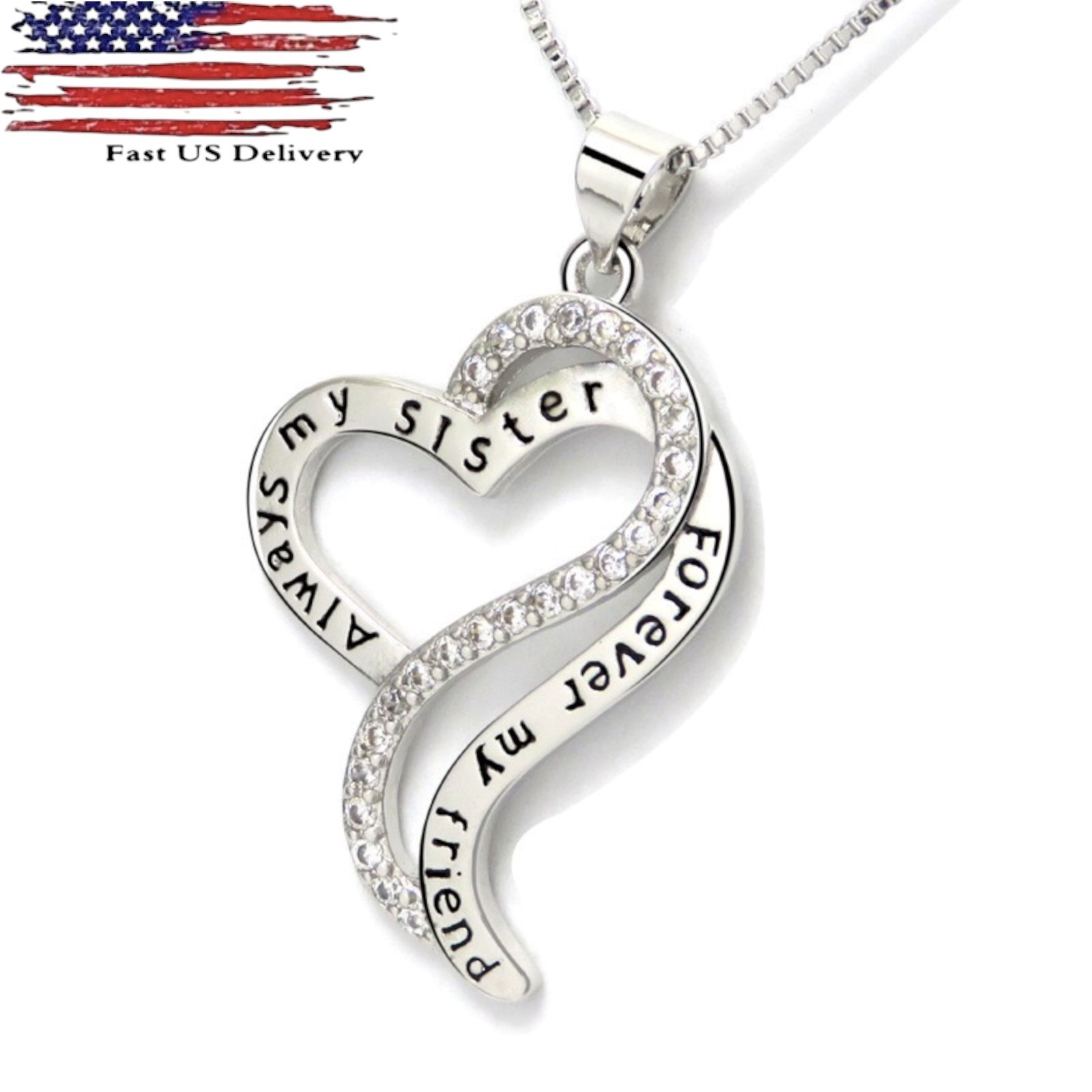Always My Sister Forever My Friend Love Heart CZ Pendant Necklace Jewelry B14
