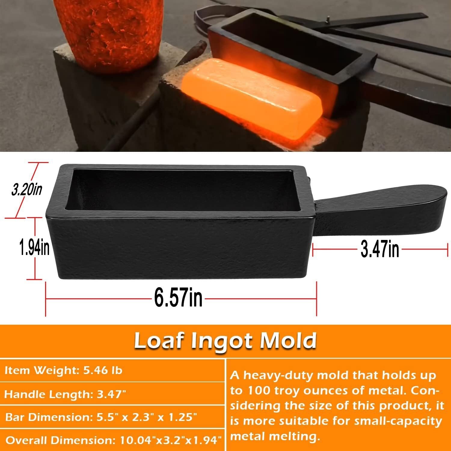 100 Oz Troy Cast Iron Gold Bar Ingot Mold for Smelting Silver Copper & Brass