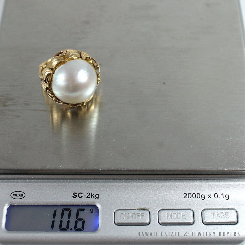 Ming’s Hawaii Mabe Pearl 16.6mm 14K Yellow Gold Ring Size 4-5