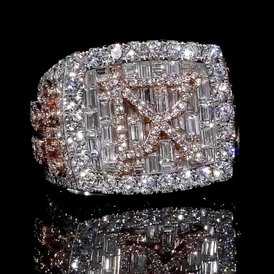 8TCW Lab Created Baguette Diamond Two Tone Gold Plated Men’s Custom Letter Ring