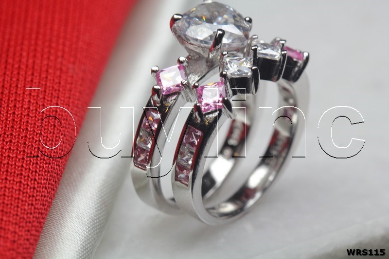 Heart White Pink CZ 925 Sterling Silver CZ Engagement Wedding Ring Set