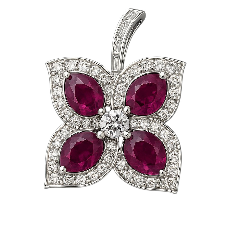 Pendant Brooch 750 White Gold 18K Ruby Diamond 4.2ct Brilliant Baguette VVS