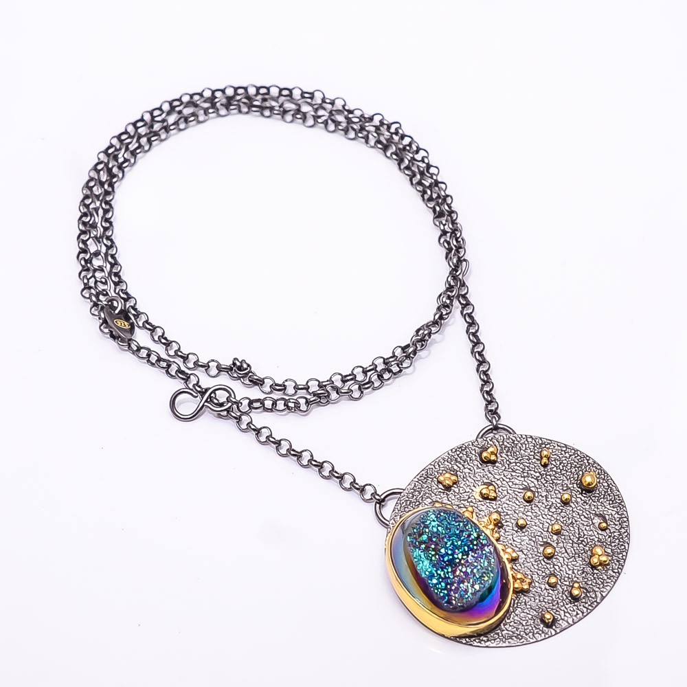 Peacock Titanium Agate Drusy Black And Gold Rhodium 925 Silver Necklace 19.99″
