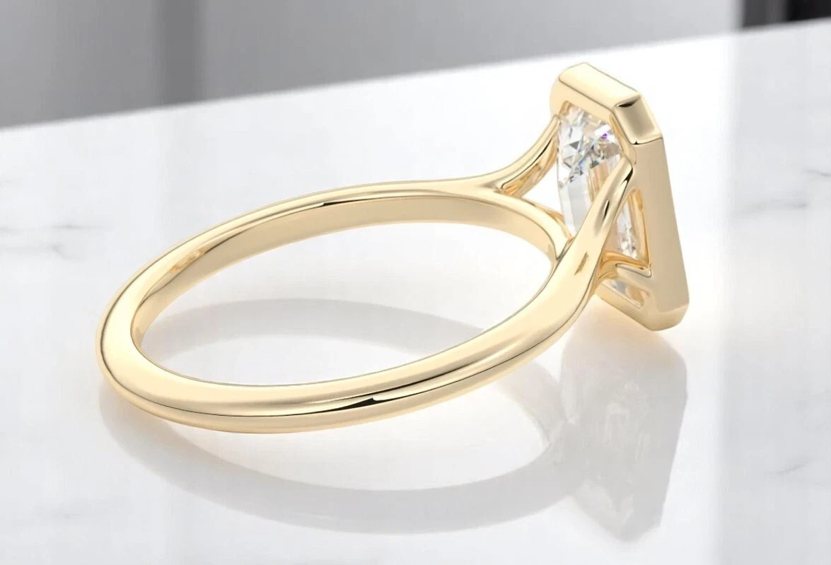 2.0CTW IGI Certified Emerald Cut Lab Grown Bezel Set Split Shank 14k Gold Ring