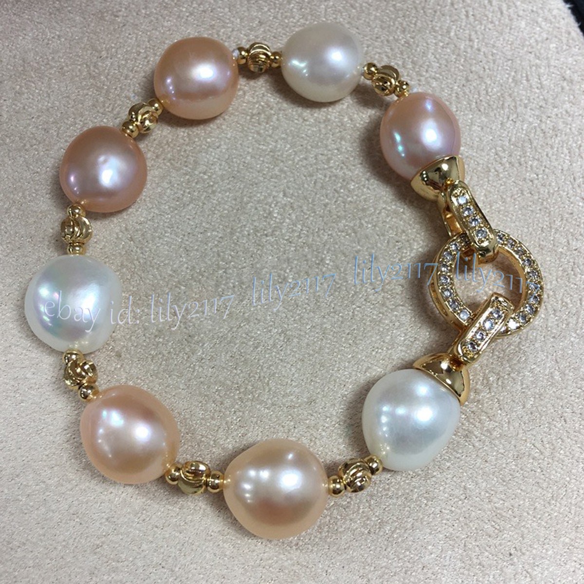 Elegant Natural White Pink Purple Baroque Freshwater Pearl Beads Bracelet 7.5 in