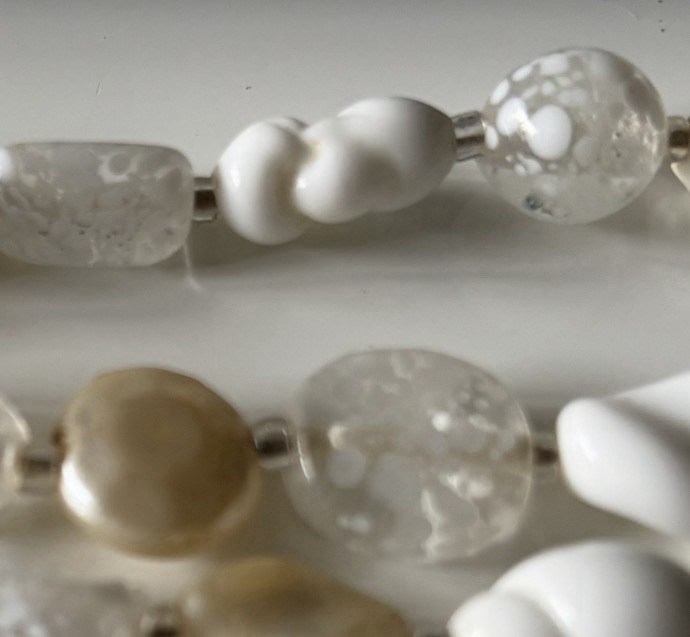 Strand Milk Glass Beaded Necklace White Clear Gold Glass Statement Vintage Style
