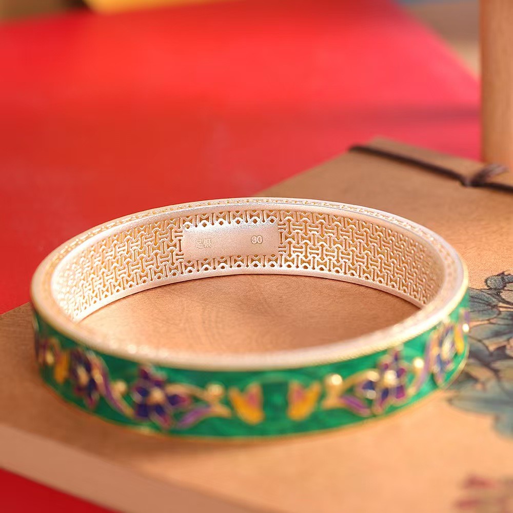 Pure S999 Fine Silver Bracelet 12mm Lucky Enamel Flower Bangle 34-35g ID:60mm